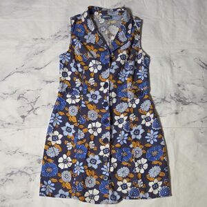 Modcloth Coasting Along Retro Blue and Gold Floral Linen Blend Mini Dress